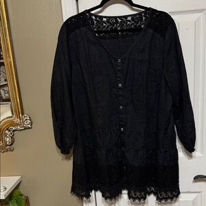 Elegant Black Lace Trim Women's Button Down Top